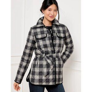 NEW Talbots Black and White Plaid Tie Waist Quilted Shirt Jacket Size XL